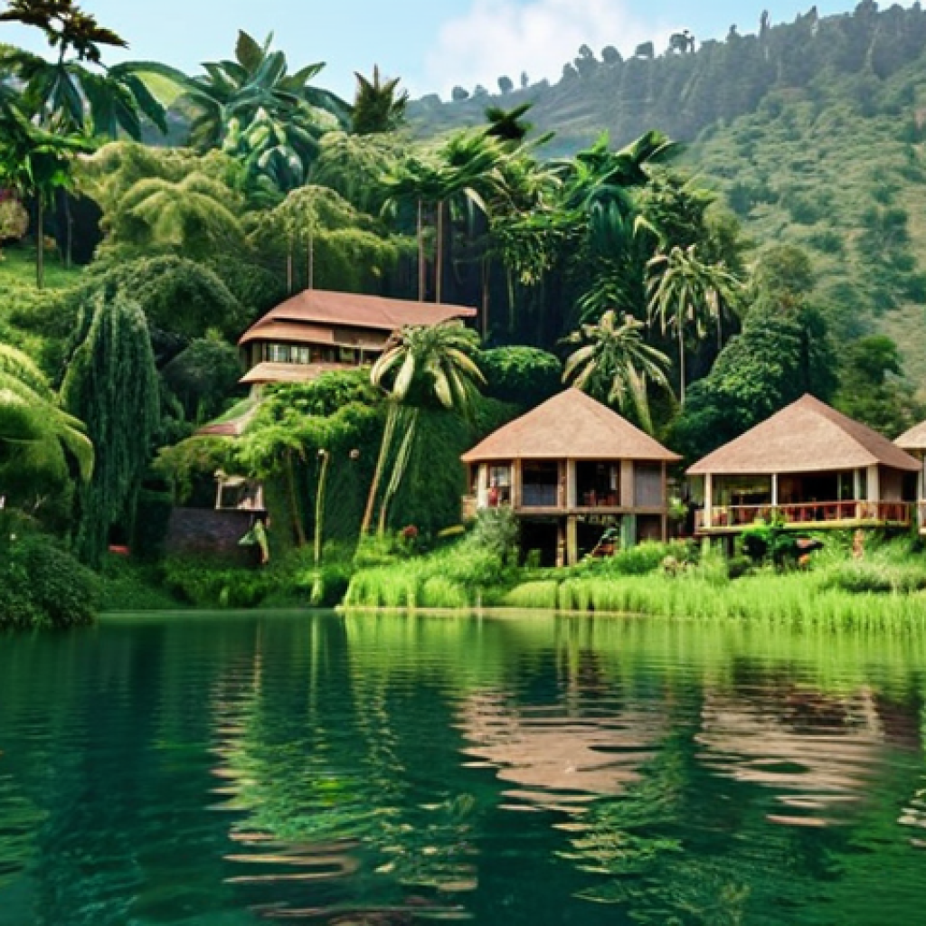 **Lush scenery of Lake Kivu with upscale resort, serene atmosphere, clear water reflecting greenery.**