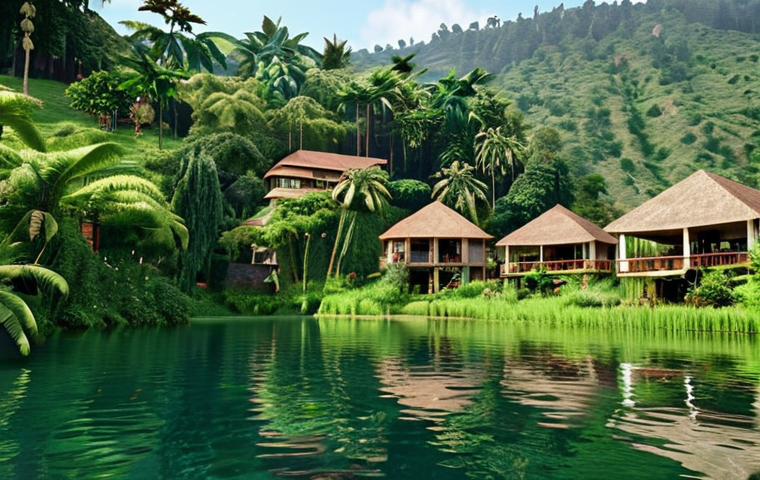 **Lush scenery of Lake Kivu with upscale resort, serene atmosphere, clear water reflecting greenery.**
