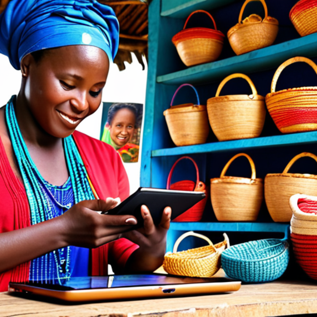 **

A bustling Rwandan marketplace where a local artisan is showcasing her vibrant handcrafted baskets and jewelry on a well-designed e-commerce platform displayed on a tablet. Focus on the artisan's proud expression and the diversity of customers browsing her products both physically and digitally.

**