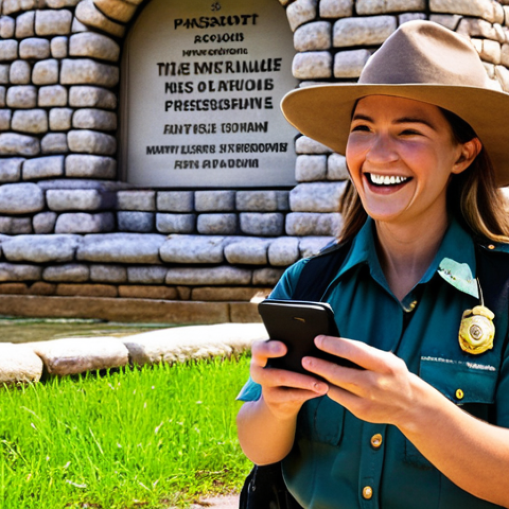**

A traveler happily showing a digital copy of their passport on their smartphone while at a national park entrance. In the background, a park ranger smiles reassuringly. The scene conveys relief and preparedness. Focus on a bright, slightly humorous, and optimistic feel.

**