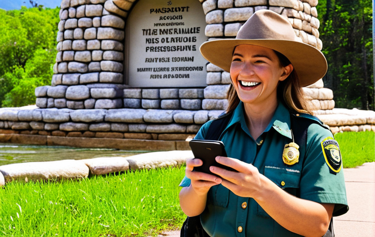 **
A traveler happily showing a digital copy of their passport on their smartphone while at a national park entrance. In the background, a park ranger smiles reassuringly. The scene conveys relief and preparedness. Focus on a bright, slightly humorous, and optimistic feel.
**