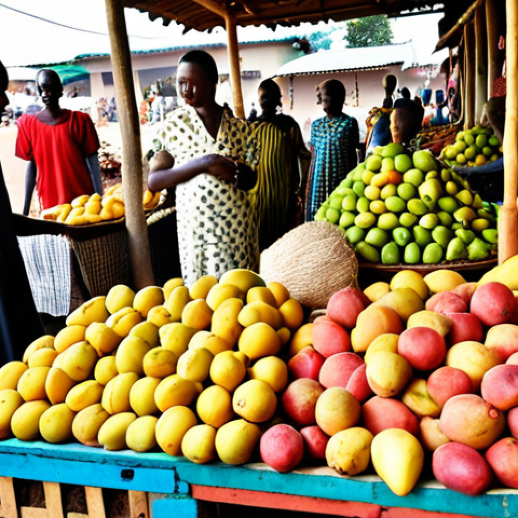 **

"A vibrant Rwandan market scene. Colorful textiles, fresh produce like passion fruit and mangoes piled high, and friendly vendors in traditional clothing. Focus on the bustling atmosphere and the exotic fruits on display."

**