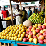 **

"A vibrant Rwandan market scene. Colorful textiles, fresh produce like passion fruit and mangoes piled high, and friendly vendors in traditional clothing. Focus on the bustling atmosphere and the exotic fruits on display."

**