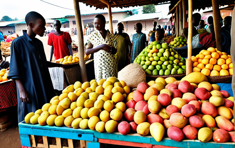 **

"A vibrant Rwandan market scene. Colorful textiles, fresh produce like passion fruit and mangoes piled high, and friendly vendors in traditional clothing. Focus on the bustling atmosphere and the exotic fruits on display."

**