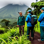 A small group of professional tourists, fully clothed in modest, practical trekking attire, standing respectfully at a safe distance in Volcanoes National Park, observing mountain gorillas in their lush, misty rainforest habitat. A professional and experienced park guide, in appropriate uniform, is subtly directing the group, emphasizing responsible tourism and reverence for wildlife. Perfect anatomy, correct proportions, natural pose, well-formed hands, proper finger count. Professional photography, natural lighting, high quality, safe for work, appropriate content, family-friendly.