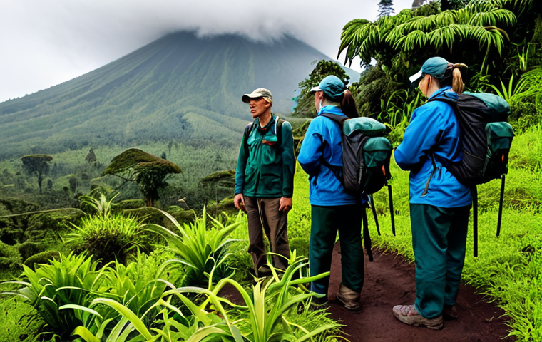 A small group of professional tourists, fully clothed in modest, practical trekking attire, standing respectfully at a safe distance in Volcanoes National Park, observing mountain gorillas in their lush, misty rainforest habitat. A professional and experienced park guide, in appropriate uniform, is subtly directing the group, emphasizing responsible tourism and reverence for wildlife. Perfect anatomy, correct proportions, natural pose, well-formed hands, proper finger count. Professional photography, natural lighting, high quality, safe for work, appropriate content, family-friendly.