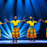 A group of Rwandan folk dancers, dressed in vibrant, traditional Rwandan dance attire, fully clothed, modest clothing, performing with dynamic energy on a professional stage. The background features subtle, abstract digital projections creating an ethereal atmosphere, illustrating the blending of tradition with modern technology. The stage is illuminated by professional, elegant lighting. safe for work, appropriate content, fully clothed, professional, perfect anatomy, correct proportions, natural pose, well-formed hands, proper finger count, natural body proportions, professional photography, high resolution.