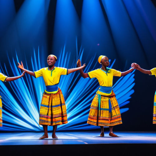 Home 23 A group of Rwandan folk dancers, dressed in vibrant, traditional Rwandan dance attire, fully clothed, modest clothing, performing with dynamic energy on a professional stage. The background features subtle, abstract digital projections creating an ethereal atmosphere, illustrating the blending of tradition with modern technology. The stage is illuminated by professional, elegant lighting. safe for work, appropriate content, fully clothed, professional, perfect anatomy, correct proportions, natural pose, well-formed hands, proper finger count, natural body proportions, professional photography, high resolution.