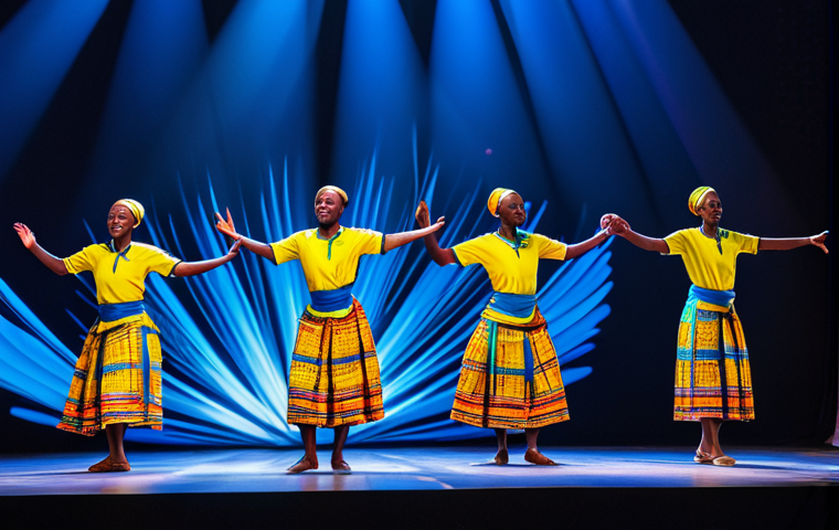 A group of Rwandan folk dancers, dressed in vibrant, traditional Rwandan dance attire, fully clothed, modest clothing, performing with dynamic energy on a professional stage. The background features subtle, abstract digital projections creating an ethereal atmosphere, illustrating the blending of tradition with modern technology. The stage is illuminated by professional, elegant lighting. safe for work, appropriate content, fully clothed, professional, perfect anatomy, correct proportions, natural pose, well-formed hands, proper finger count, natural body proportions, professional photography, high resolution.