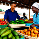 A professional image capturing an adult participant of a culinary class, fully clothed in modest and appropriate attire, actively engaging with a local vendor at a vibrant, authentic Rwandan market. The subject is carefully selecting fresh, colorful produce such as green plantains, sweet potatoes, and avocados from a well-stocked stall. The scene is illuminated by bright natural light, showcasing the bustling atmosphere and various traditional baskets filled with vegetables. The image should feature perfect anatomy, correct proportions, well-formed hands, and a natural pose, ensuring it is safe for work and appropriate content, reflecting a professional and family-friendly environment.