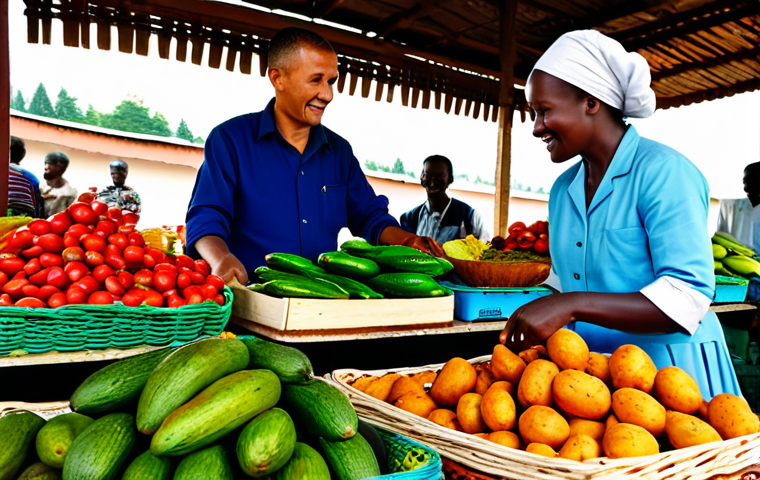 A professional image capturing an adult participant of a culinary class, fully clothed in modest and appropriate attire, actively engaging with a local vendor at a vibrant, authentic Rwandan market. The subject is carefully selecting fresh, colorful produce such as green plantains, sweet potatoes, and avocados from a well-stocked stall. The scene is illuminated by bright natural light, showcasing the bustling atmosphere and various traditional baskets filled with vegetables. The image should feature perfect anatomy, correct proportions, well-formed hands, and a natural pose, ensuring it is safe for work and appropriate content, reflecting a professional and family-friendly environment.