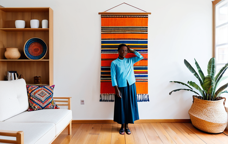 A professional woman, fully clothed in a modest, modern Scandinavian-style outfit, stands in a brightly lit, minimalist living room. A large, vibrant Imigongo-inspired textile wall hanging serves as a focal point, complemented by an intricately woven Agaseke basket on a nearby wooden shelf. The scene emphasizes the beautiful fusion of Rwandan cultural art with contemporary European interior design. perfect anatomy, correct proportions, natural pose, well-formed hands, proper finger count, natural body proportions, professional photography, high quality, safe for work, appropriate content, fully clothed, modest, family-friendly.